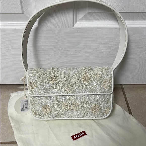 STAUD Handbags - STAUD Cream Floral Embellished Shoulder Bag